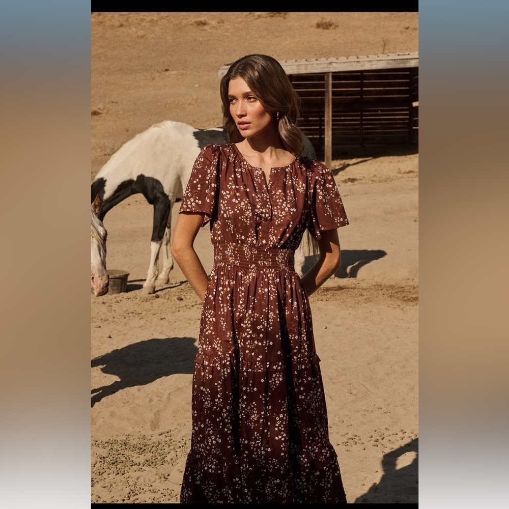 SugarLips Palmer Poplin Tiered Maxi Dress Brown - Picture 6 of 8